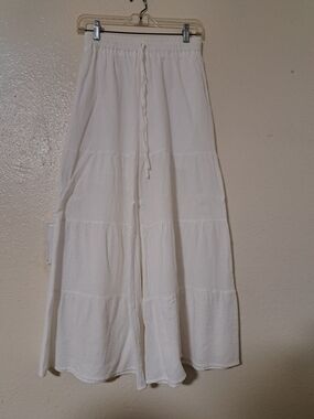 067) Womens White‎ Medium Large Gaucho Pants Elastic Spring Wide Leg Boho